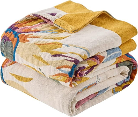 100% Cotton Boho Throw Blanket, King Size Living Room Reversible Fall Throw Blanket, Boho Floral Bird Colorful Retro Quilt Ultra Soft Reversible Gauze Blanket for All Season, 90"x98"-HomvellaHome