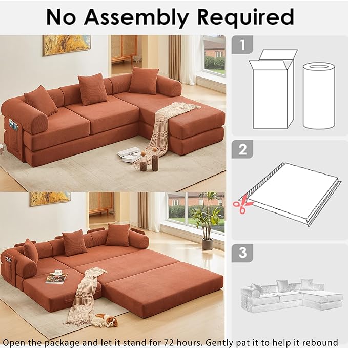 107" Oversized Convertible Sleeper Sofa Bed, Corduroy L Shape Sectional Couch, Folding Sofa Bed with Side Pocket, Modern Cloud Floor Mattress Couch, Modular Sofa for Living Room, Orange-HomvellaHome