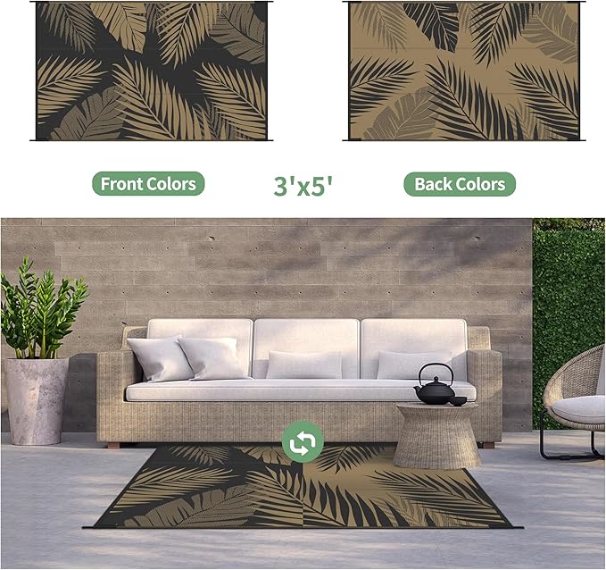 GENIMO Outdoor Rug 3' x 5' Waterproof for Patios Clearance, Reversible Outdoor Plastic Straw Camping Rug Carpet, Large Area Rugs Mats for RV, Camper, Deck, Balcony, Porch, Beach, Picnic, Black&Brown-HomvellaHome