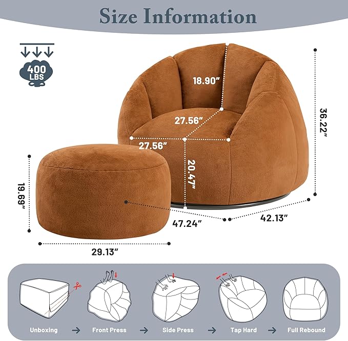 Giant Bean Bag Swivel Chair for Adults - Comfy Plush Round Shell Soft Accent Chaise Lounge Indoor Chair, Oversized Cozy Floor Sofa for Living Room, Bedroom & Game Rooms, Orange-HomvellaHome