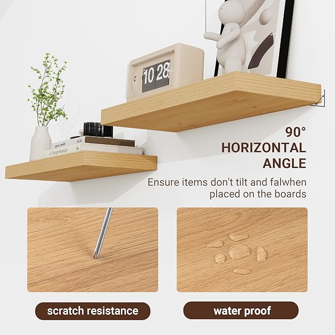 16 Inch Floating Shelves, 3D Textured Wood Grain, 16"x9.25"x1.5" Inch Deep Floating Shelves for Wall, Wooden Shelves for Bathroom, Bedroom, Living Room, Natural-HomvellaHome