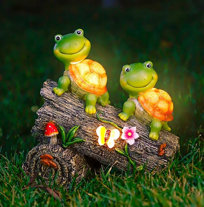 Garden Turtle Figurines Outdoor Decorations, Solar Powered Sweet Frog Face Turtles Resin Statue with 4 LED Lights, Garden Art Spring Fall Winter Christmas Decor for Patio Lawn Yard-HomvellaHome