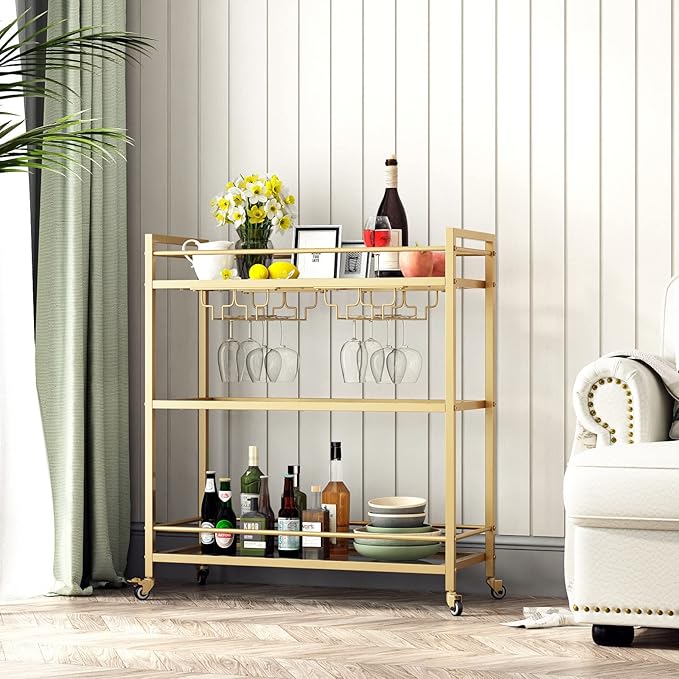 Glass Gold Bar Carts for Home with Hanging Wine Rack - Home Bar Serving Cart with 3 Mirrored Shelves, Kitchen Bar Carts, Wine Cart for Entertaining, Club Party.-HomvellaHome