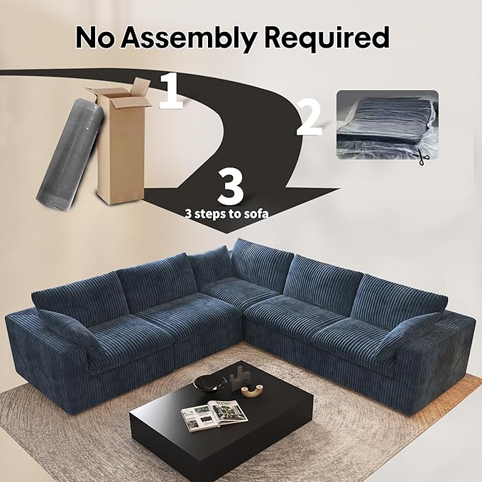 118" V Shaped Corner Modern Sofa Modular Sectional Cloud Couch,Deep Seat Upholstered Couches with Plush Corduroy Fabric for Living Room Furniture,Bedroom and Apartment,No Assembly Required,Blue-HomvellaHome
