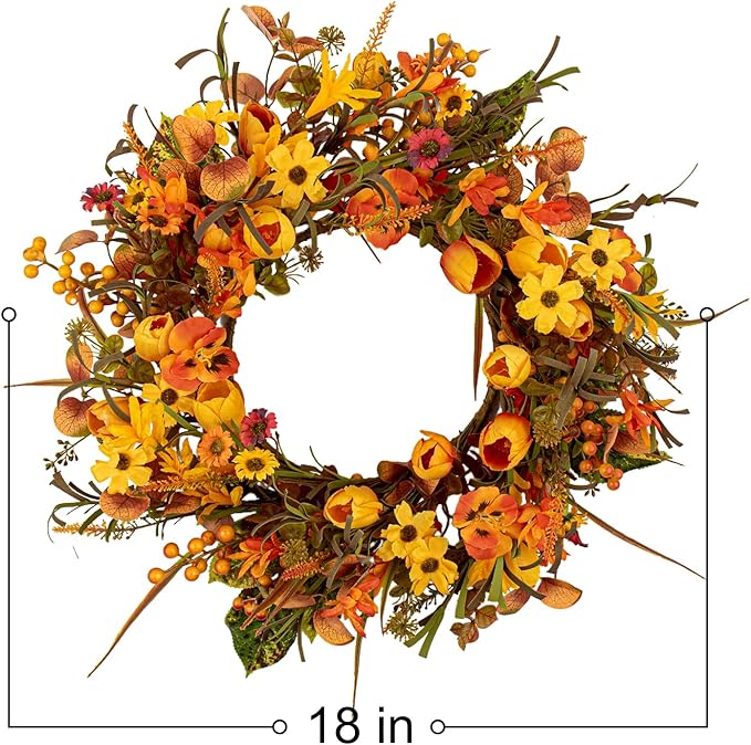 18 Inches Fall Wreaths for Front Door Rustic Autumn Wreath Farmhouse Fall Floral Wreaths with Tulips Phalaenopsis Orange Wildflowers for Wall Window Porch Indoor Outside Decor-HomvellaHome