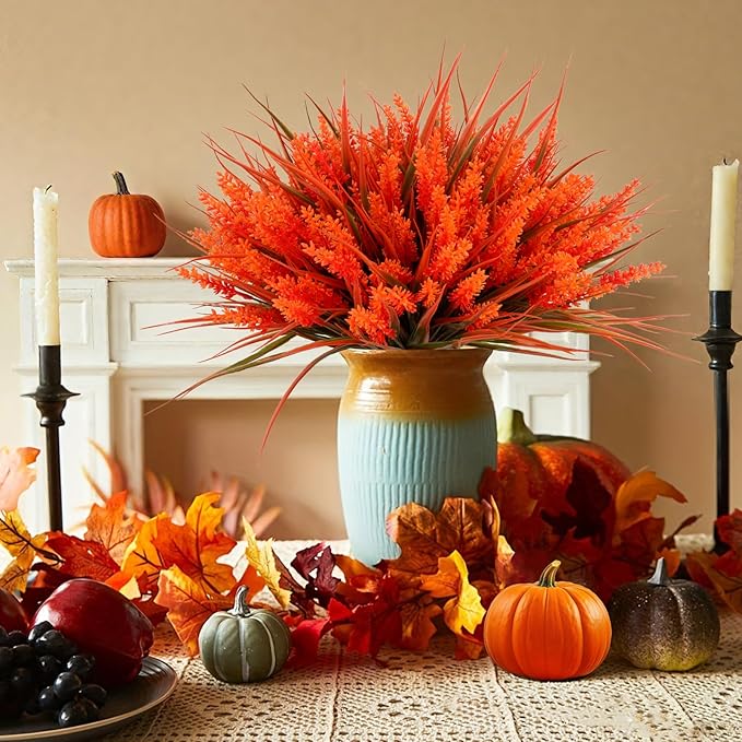 Geegoods 24 Bundles Artificial Fall Flowers Outdoor – Faux Lavender Flowers with Monkey Grass UV Resistant Plastic Faux Plants for Garden Porch Patio Home Decor, Autumn-red Color-HomvellaHome