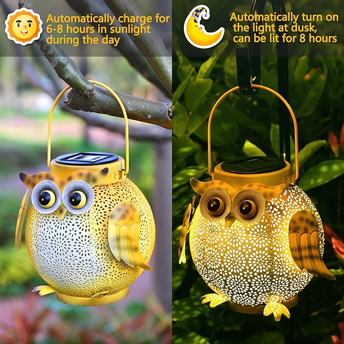 2 Pack Hanging Solar Lanterns - Garden Light Waterproof Metal Decorative Solar Lantern Lights Outdoor for Patio Yard Table Pathway with Owl Pattern-HomvellaHome