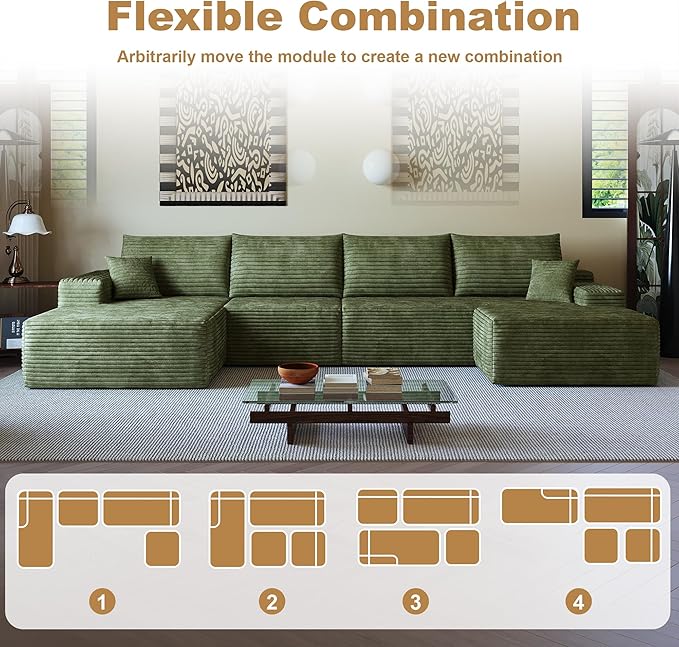 108" Sectional Couches for Living Room Modern Modular Sofa with L-Shape Couchs Upholstered Boneless Couch Deep Seat Sectional Couch with Chaise (Green, Left Facing Chaise+3Seaters+Ottoman)-HomvellaHome