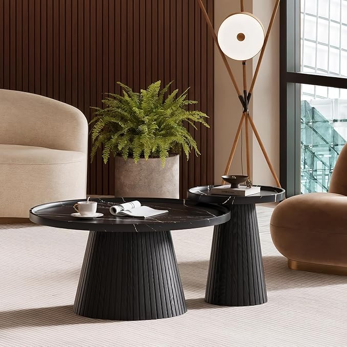 win2win Nesting Coffee Table Set of 2, Modern Coffee Table with Marble Veneer, Fluted Round Tea Table and End Table Set, Minimalist Center Tables for Living Room, Office, Black-HomvellaHome