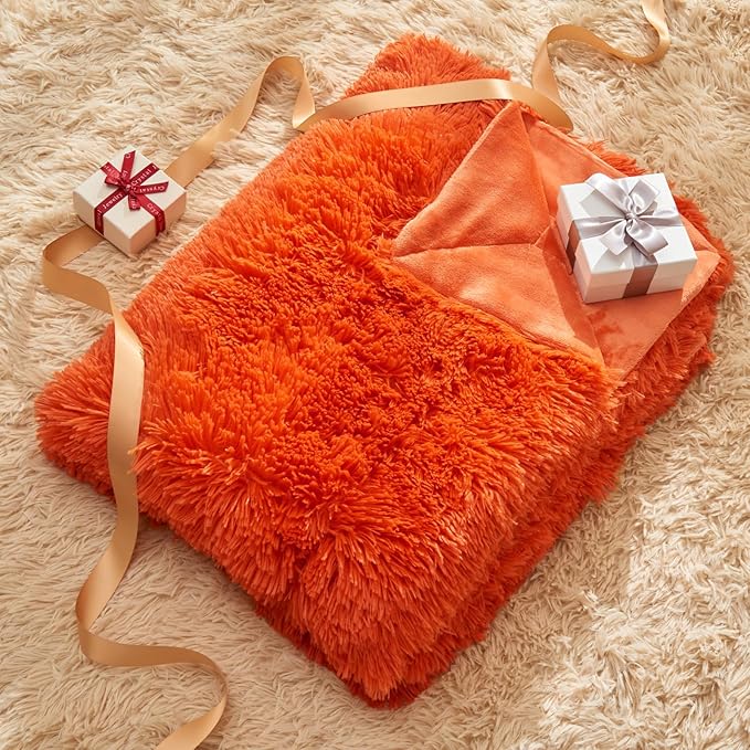 GONAAP Fuzzy Faux Fur Throw Blanket Queen Size Orange Super Soft Cozy Plush Fuzzy Shaggy Blanket for Couch Sofa Bed (Orange, Queen(90"x90"))-HomvellaHome
