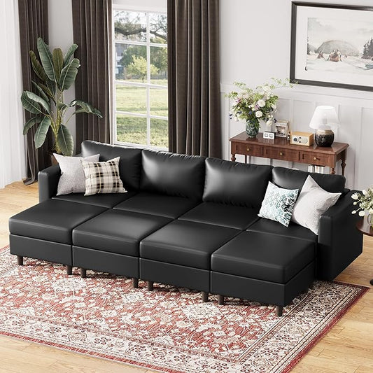 118.5" Luxury Modular Sleeper Sofa Bed with Storage Seat, 8 Seat Sectional Couch Deep Seat with Reversible Chaises & Removable Cover - Black Faux Leather-HomvellaHome