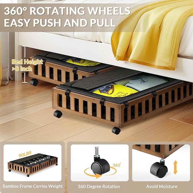 2 Pack Bamboo Under Bed Storage with Wheels, 39”x20”x7.8” Lager Under Bed Storage Containers (Brown)-HomvellaHome