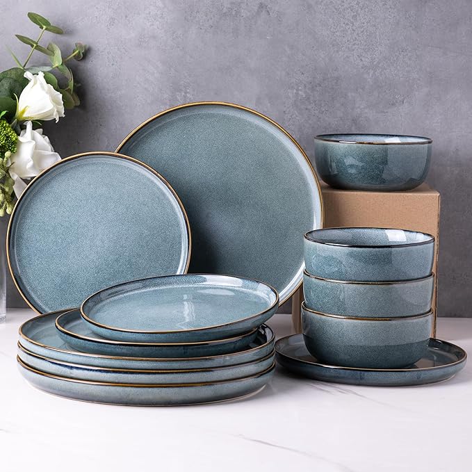 GBHOME Ceramic Dinnerware Sets for 6, 18 Pieces Stoneware Plates and Bowls Sets, Scratch Resistant Dishes, Dishwasher & Microwave Safe, Space Blue-HomvellaHome