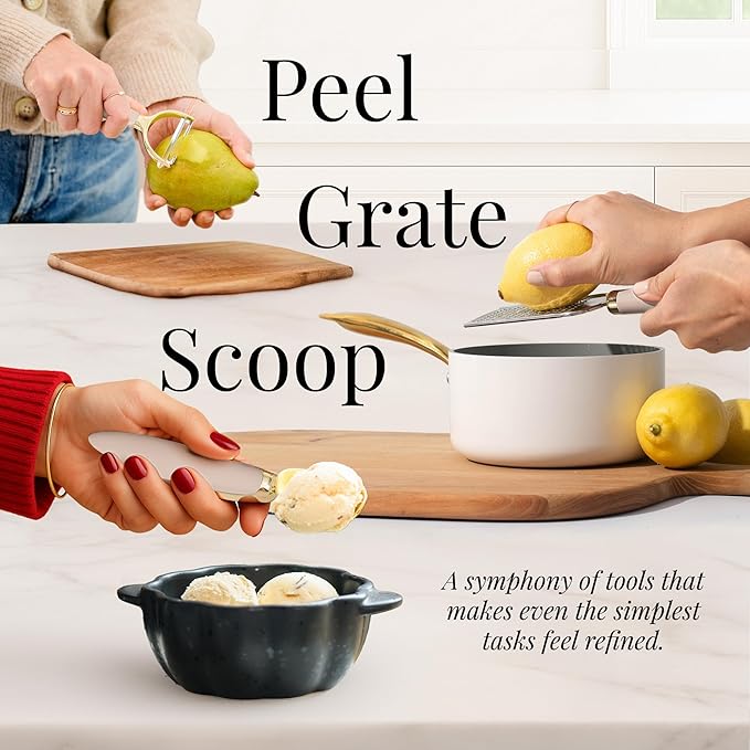 Gold and Beige Kitchen Utensils Set – 8 PC Cooking Gadgets with Mini Gold Whisk and Tongs, Pizza Cutter, Garlic Press, Cheese Grater, Peeler, Can Opener, Scoops – Stylish Beige Kitchen Accessories-HomvellaHome