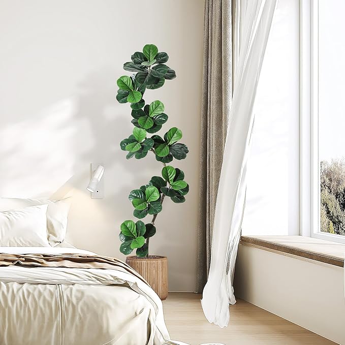 GarveeHome Fiddle Leaf Fig Artificial Tree with White Planter,7ft Faux Plants Indoor with Moss, Fake Rubber Tall Fake Floor Plant in Pot - Artificial Trees for Home Office Living Room Decor-HomvellaHome