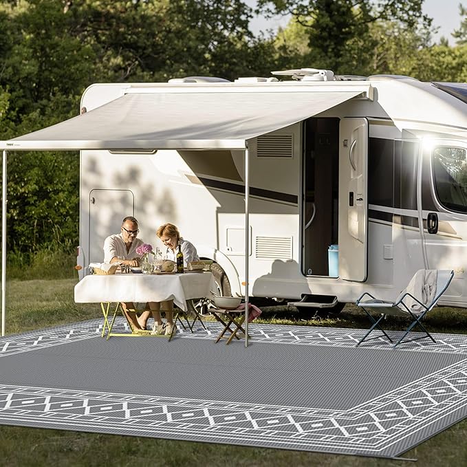 GENIMO Outdoor Rug Waterproof Area 10'x14' for Patio, Foldable Reversible Plastic Straw Carpet for Travel Trailers, Outside Mat for Rv, Deck, Picnic, Porch, Camper, Balcony, Beach, Grey & White-HomvellaHome