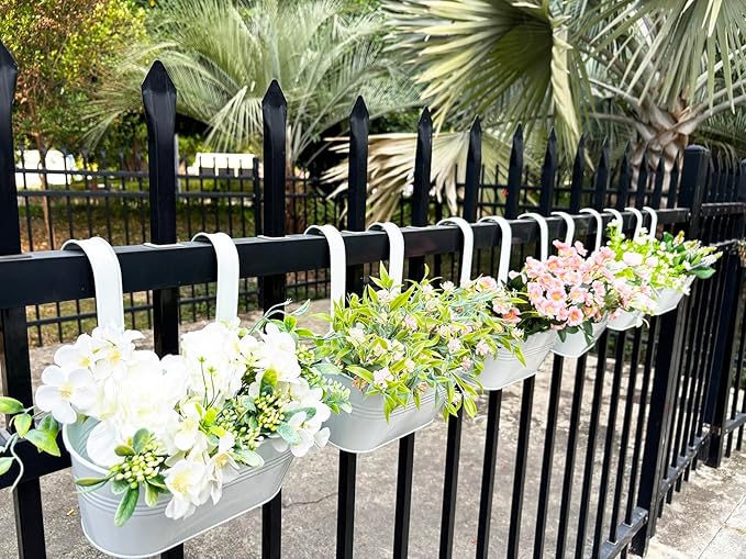 10" Hanging Flower Pots, Pack of 4 White Metal Outdoor Patio Balcony Planter, Railing Planters Fence Pot with Detachable Hook & Drainage Hole for Small Plants (White, 4Pcs)-HomvellaHome