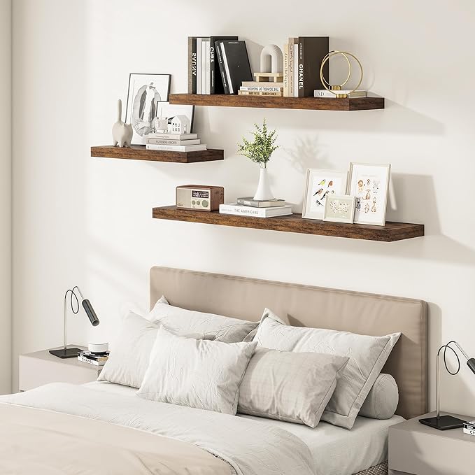 12" Deep Floating Shelves for Wall 55 Inches Long, Heavy Duty Wall Shelves for Bedroom Bathroom Kitchen Laundry Room, Farmhouse Rustic Shelves for Home Decor, 55" X 12" X 2" Set Of 2, Rustic Brown-HomvellaHome