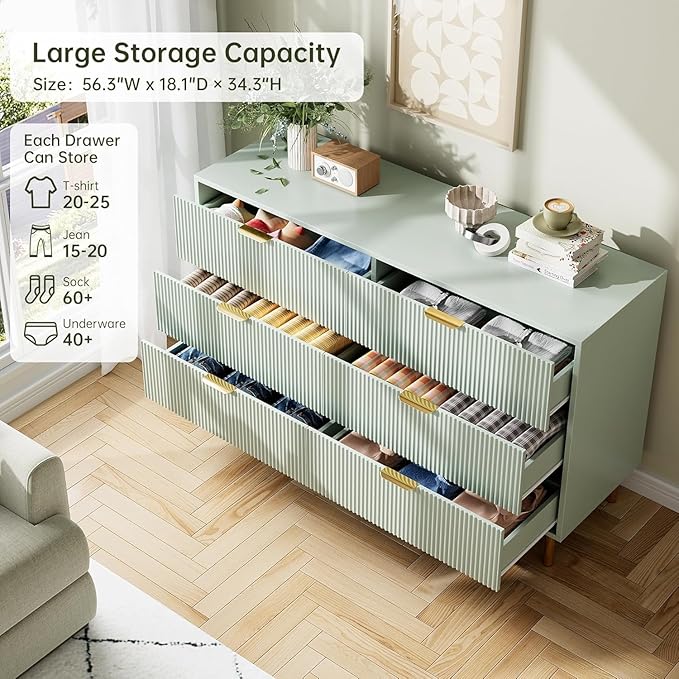 GAOMON 6 Drawer Dresser, Wood Chest of Drawers Organizer Storage with Gold Handle, Large Storage Cabinet, Modern Design Dresser for Bedroom, Living Room, Closet, Hallway, Entryway, Green-HomvellaHome