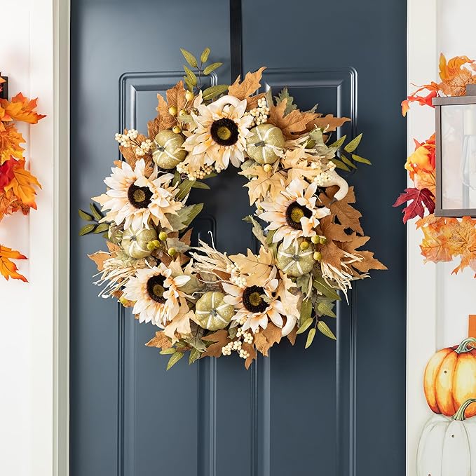 Glitzhome 24''D Artificial Fall Wreath for Front Door, Autumn Wreath with Sunflower, Pumpkin and Leaf, Metal Hanger for Farmhouse Indoor Outdoor Window Wall Door Decor-HomvellaHome