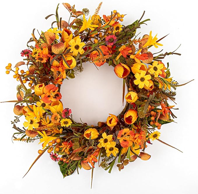 18 Inches Fall Wreaths for Front Door Rustic Autumn Wreath Farmhouse Fall Floral Wreaths with Tulips Phalaenopsis Orange Wildflowers for Wall Window Porch Indoor Outside Decor-HomvellaHome