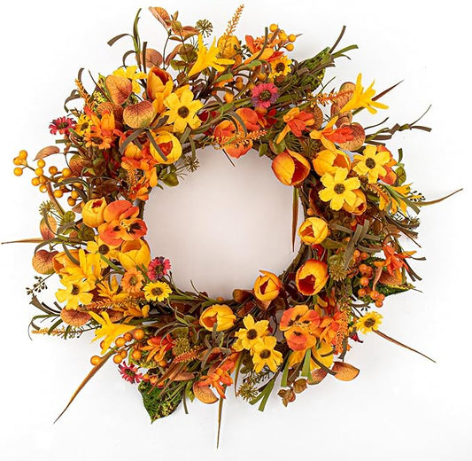 18 Inches Fall Wreaths for Front Door Rustic Autumn Wreath Farmhouse Fall Floral Wreaths with Tulips Phalaenopsis Orange Wildflowers for Wall Window Porch Indoor Outside Decor-HomvellaHome