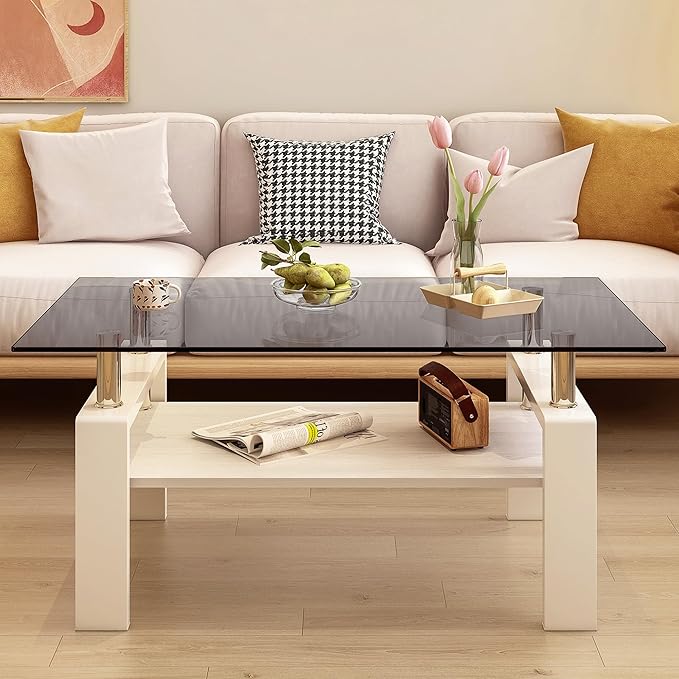 Glass Coffee Table Rectangle Living Room Center Table, with Gray Tempered Glass Tabletop and White MDF Layer,for Living Room and Office, Gray+White-HomvellaHome