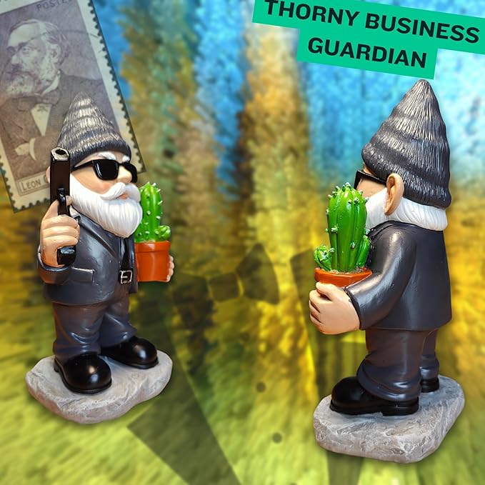 Gnome Decoration for Garden & Home - Professional Hitman Look Statue, Léon Inspired 8.7 Inch Resin Decor, Unique Outdoor Gift for Women/Men-HomvellaHome