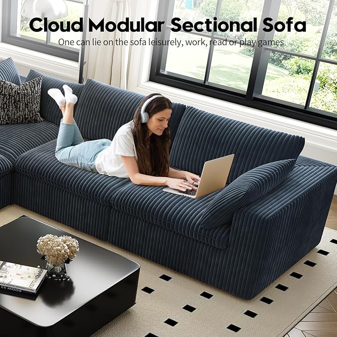 118" Cloud Couch Oversized Modular Sectional Sofa for Living Room,Modern Sofa with Deep Seat，V Shaped Boneless Couch,Comfy Upholstered Corduroy Couches for Apartment, Studio, Office,Bedroom，Blue-HomvellaHome