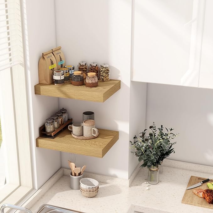 12 Inch Deep Floating Shelves, 16 x 12 Floating Shelf for Books, Rustic Wood Deep Wall Shelves for Home Storage & Display, 2" Thicked Shelves for Kitchen, Living Room, Bedroom, Oak Color, 2 Pack-HomvellaHome