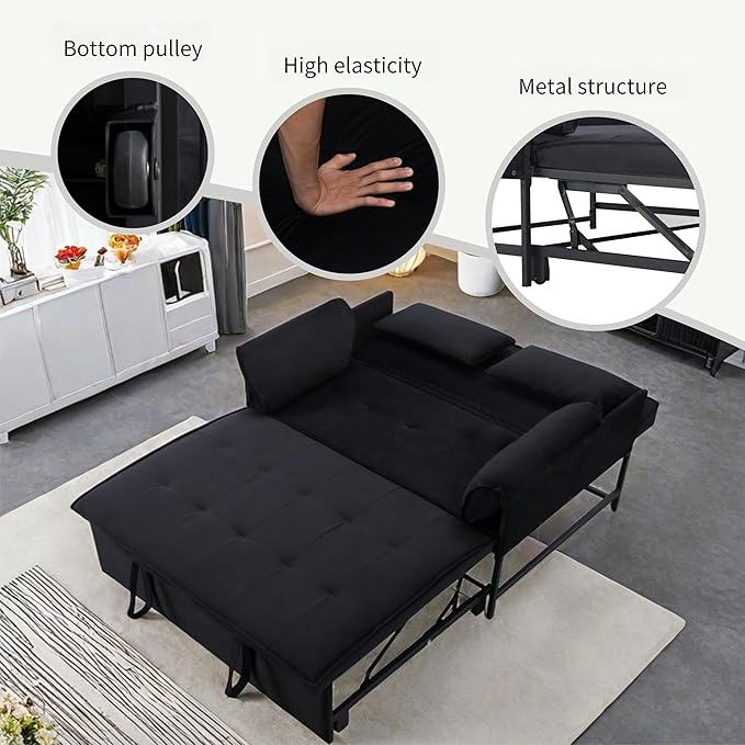 Pull Out Sofa Bed, 46” Futon Couch with Convertible Sleeper, Velvet Pull Out Couch with Adjustable Backrest, Small Sofa Bed with 2 Pillows for Living Room Office Guest Room, Black-HomvellaHome