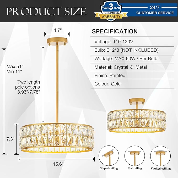 16” 4-Light Modern Crystal Chandeliers Gold Dinning Room Light Fixture, Round Pendant Light Kitchen Island Chandelier, Flush Mount Ceiling Light for Living Room Entryway Bedroom Foyer-HomvellaHome