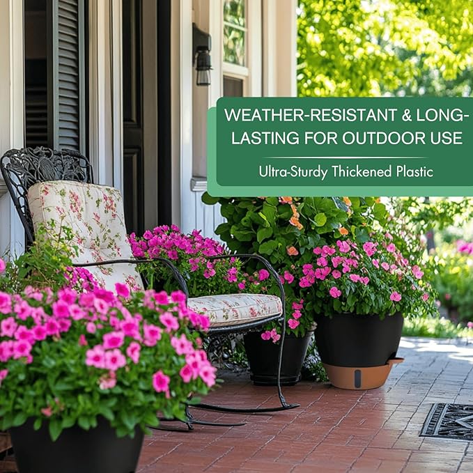 2 Pack 10 inch Plant Pots, PP Plastic Self Watering Plant Pot with Drainage and Tray for Indoor Outdoor Plants , Water Level Window & Reservoir Flower Pots Decorative Planter (Black, 10 Inch)-HomvellaHome