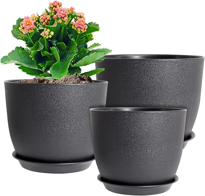 12/10/9 inch Big Flower Pots, 3 Pack Modern Decorative Plastic Planters with Drainage Holes and Tray, Plant Pots for Indoor Outdoor Plants, Black-HomvellaHome