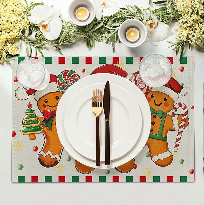 Gingerbread Man Christmas Placemats Set of 4 Candy Cane Xmas Seasonal Holiday Linen Table Mats Red Green Orange Winter Washable Place Mats for Party Kitchen Dining Outdoor Indoor Decor-HomvellaHome