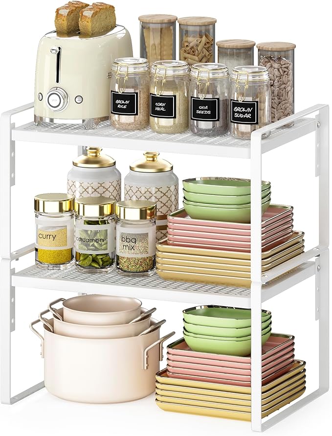 2 Pack Kitchen Countertop Organizer, Stackable Cabinet Shelf Organizer, 2 Tier Adjustable Kitchen Counter Shelves Riser For Pantry Cupboard Bathroom Organization And Storage, Desk Shelf,Spice Rack-HomvellaHome