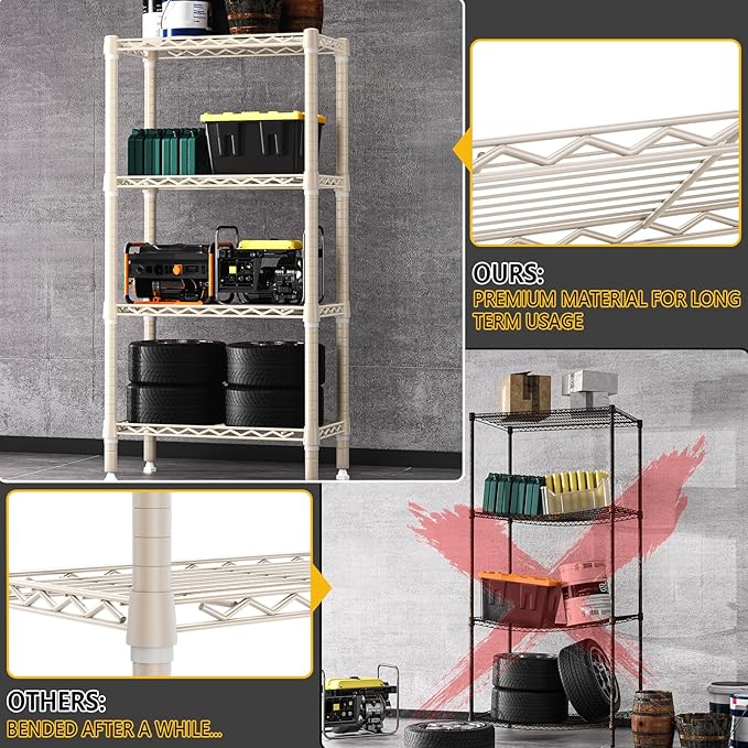 1000 lbs 4-Shelf Standing Storage Shelves Heavy Duty Metal Shelving Unit Adjustable Wire Rack for Office Garage Kitchen, Light Tan 11.8 D x 23.6" W x 47.5" H-HomvellaHome