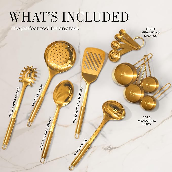 Gold Cooking Utensils with Measuring Cups and Spoons Set - 13-Piece Luxury Gold Kitchen Accessories Includes Metal Measuring Cups and Spoons for Baking, Cooking, and Elegant Kitchen Decor-HomvellaHome