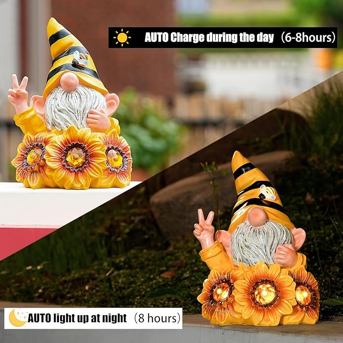 Garden Sculptures & Statues Resin Summer Bee Gnome with Sunflower, Outdoor Funny Decoration Solar Light Figurine Gifts for Yard, Patio Decor for Mom-HomvellaHome