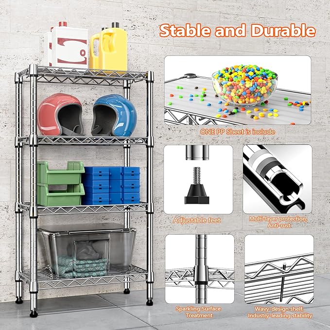 1000 lbs 4 Tier Shelf Metal Storage Shelves Wire Rack Closet Organizers with PP Board for Garage Kitchen Bathroom Laundry Chrome 11.8" D x 21.7" W x 39.5" H-HomvellaHome