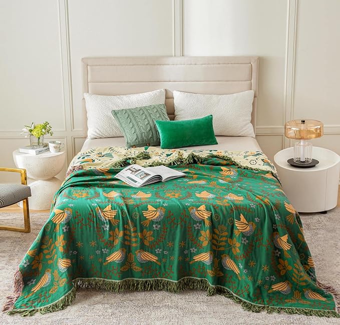 Green Summer Blanket 60''x 80'' Boho Throw Blankets for Couch Bed Chair,100% Cotton Quilts Christmas Warm Soft Blanket Muslin Bed Blankets Farmhouse Decoration-HomvellaHome