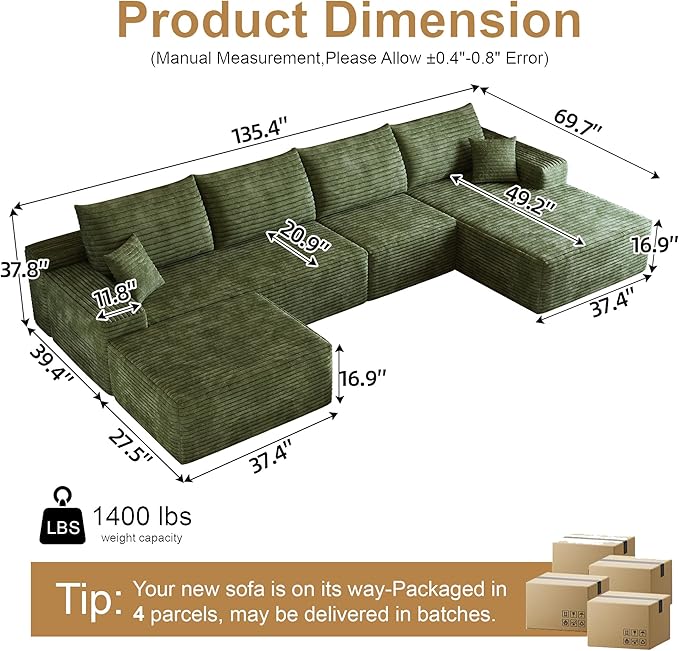 108" Sectional Couches for Living Room Modern Modular Sofa with L-Shape Couchs Upholstered Boneless Couch Deep Seat Sectional Couch with Chaise (Green, Right Facing Chaise+3Seaters+Ottoman)-HomvellaHome