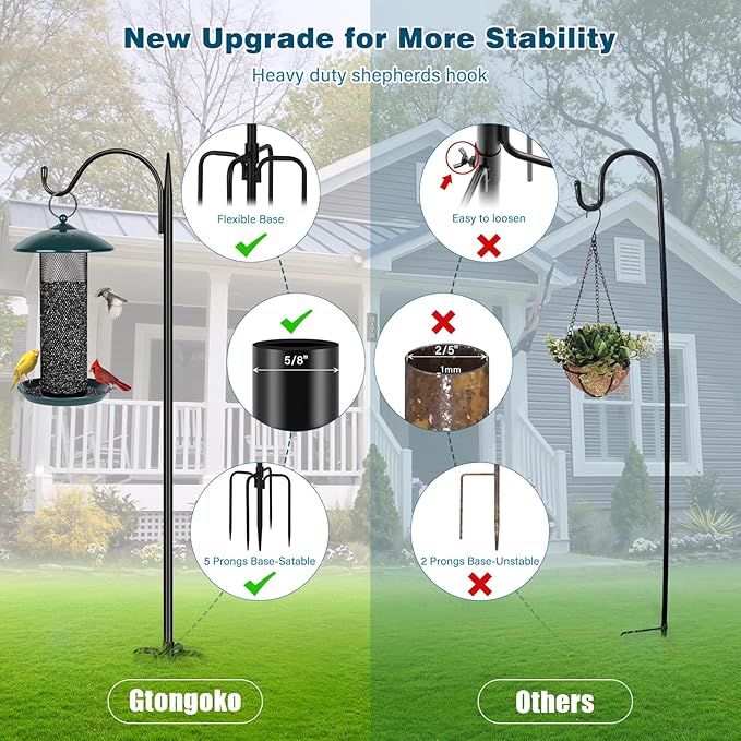 Gtongoko 47 inch Small Shepherds Hooks for Outdoor with 5 Prongs, Adjustable Bird Feeder Pole Garden Hooks for Hanging Lanterns, Plants Baskets, Hummingbird Feeders, 1 Pack-HomvellaHome