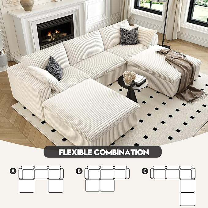 118" Cloud Couch Modular Sectional Sofa for Living Room,Modern Sofa with Deep Seat，U-Shape Boneless Couch with 2 Ottoman,Comfy Upholstered Corduroy Couches for Apartment, Studio, Office,Bedroom，White-HomvellaHome