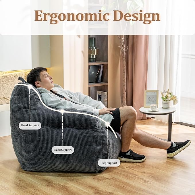 Giant Bean Bag Chair, Faux Fur Large Bean Bag Chair for Adults, Fluffy and Comfy Giant Bean Bag Chair with Filler, Big Bean Bag Sofa Chair for Reading, Gaming, Grey-HomvellaHome