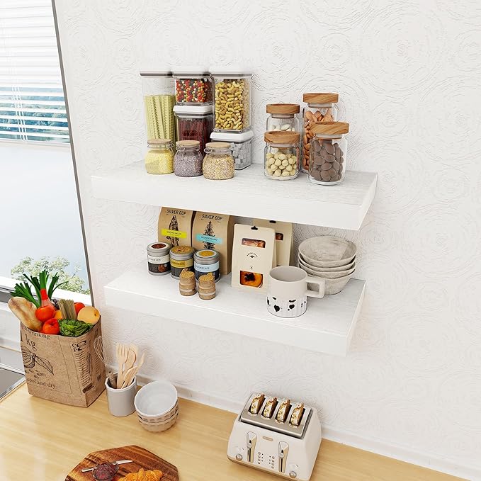 12 Inch Deep White Floating Shelves, 24 x 12 Floating Shelf for Books, Rustic Wood Deep Wall Shelves for Home Storage & Display, 2" Thicked Shelves for Kitchen, Living Room, Bedroom, 1 Pack-HomvellaHome