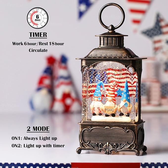 Gnome Snow Globe Lantern 4th of July Decorations with Timer, USB and Battery Powered 4th of July Shirts Patriotic Gnomes and American Flag Independence Day 10.2 inch-HomvellaHome