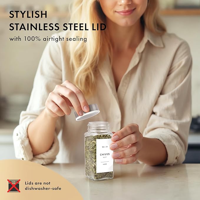 Glass Spice Jars with Label and Stainless Steel Lids (24 x 4oz) Spice Containers with 240 Labels, Shaker Inserts, Steel Funnel, Empty Square Empty Square Seasoning Organizer (White)-HomvellaHome