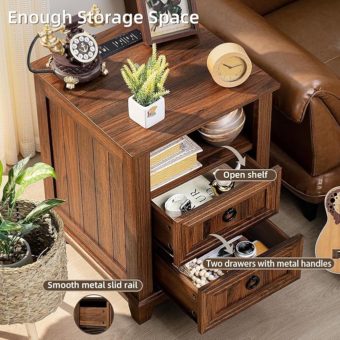 18" Farmhouse Night Stands Set of 2 with Charging Station, 2 & 3 Drawers End Table Dresser for Bedroom, Brown Wooden Nightstand, Bed Side Table with Open Shelf, Bedside Cabinet for Living Room-HomvellaHome