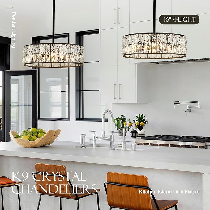 16” 4-Light Modern Crystal Chandeliers Black Dinning Room Light Fixture with Two Rods, Round Pendant Light Kitchen Island Chandelier, Flush Mount Ceiling Light for Living Room Entryway-HomvellaHome